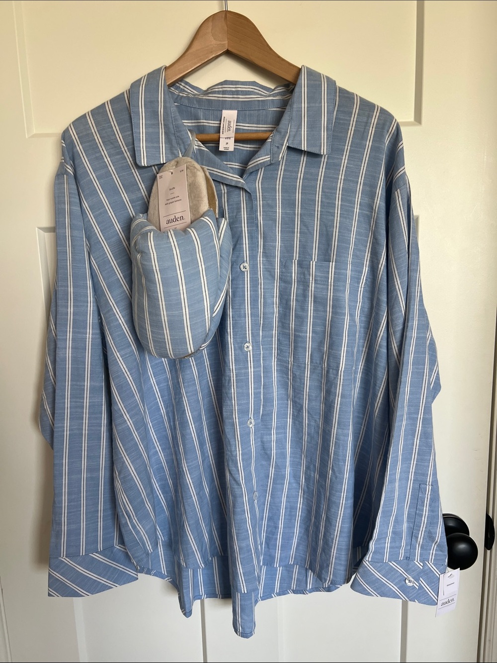 Auden Blue Striped sleepwear Button-Up Shirt with matching scuffs